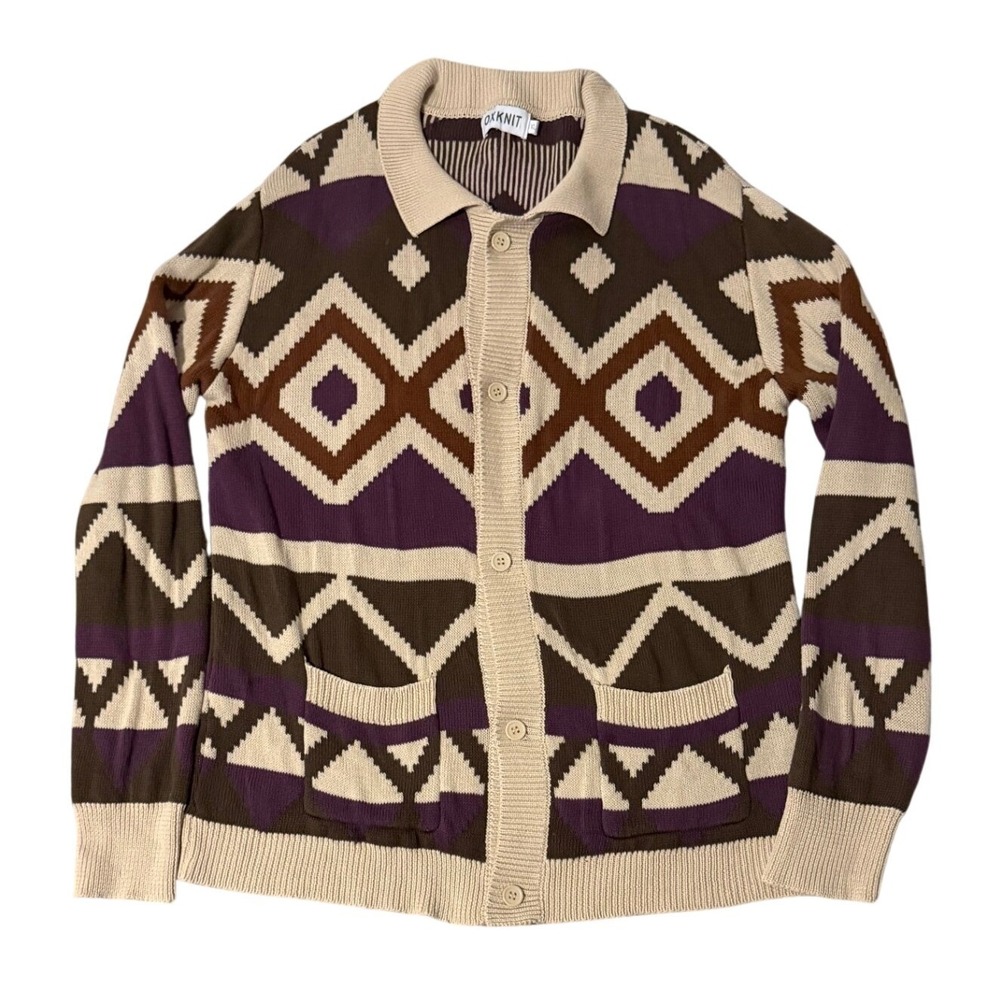 OXKNIT Mens XL 100% Cotton Geometric Jacquard Cardigan Sweater Polo Collar